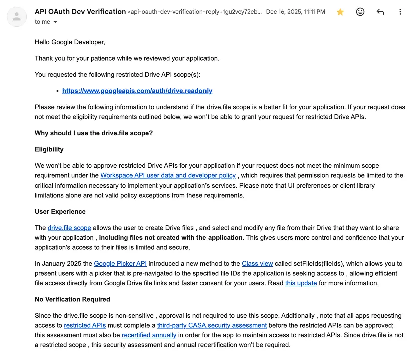 Email from Google API Verification Team